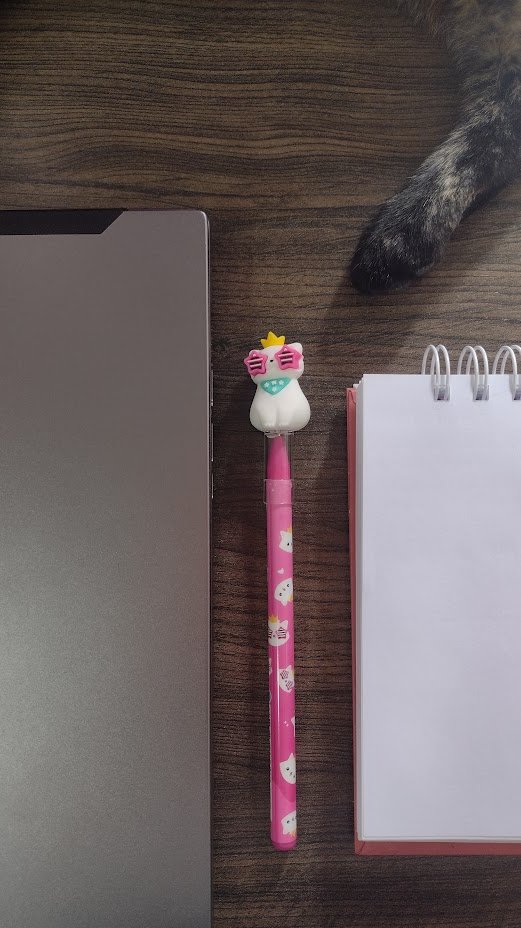 Mesa de trabalho de Jaqueline psicóloga com laptop, bloco de anotações e caneta divertida de gato, reforçando organização e acolhimento para a terapia online.