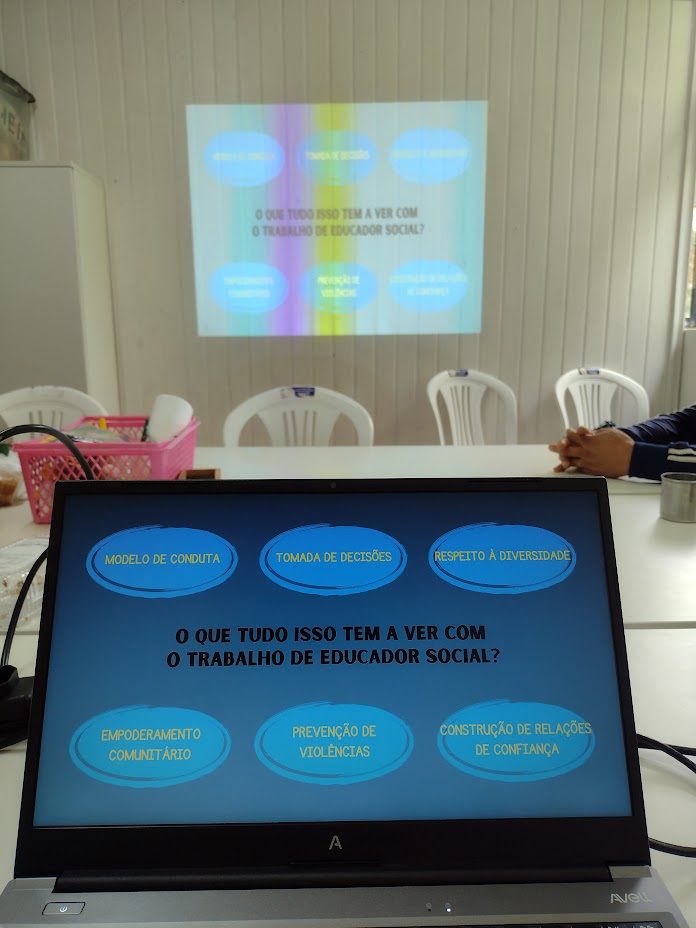 Slide de workshop da Jaqueline psicóloga sobre Educação Social, Prevenção de Violências, Empoderamento Comunitário e Respeito à Diversidade.